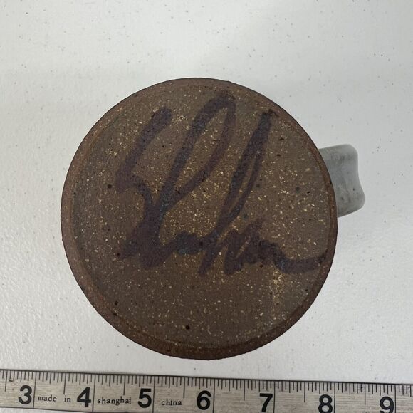 Vtg Signed Studio Art Pottery Stoneware Salt Glazed Cobalt Leaf Feather Design - Picture 8 of 10